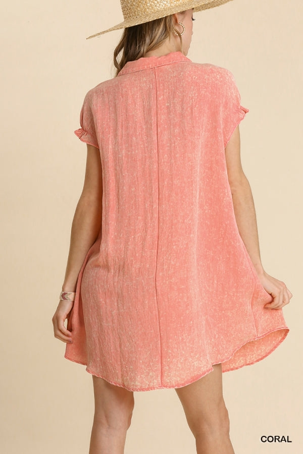 Coral Snow Wash Pleated Short Sleeve Dress
