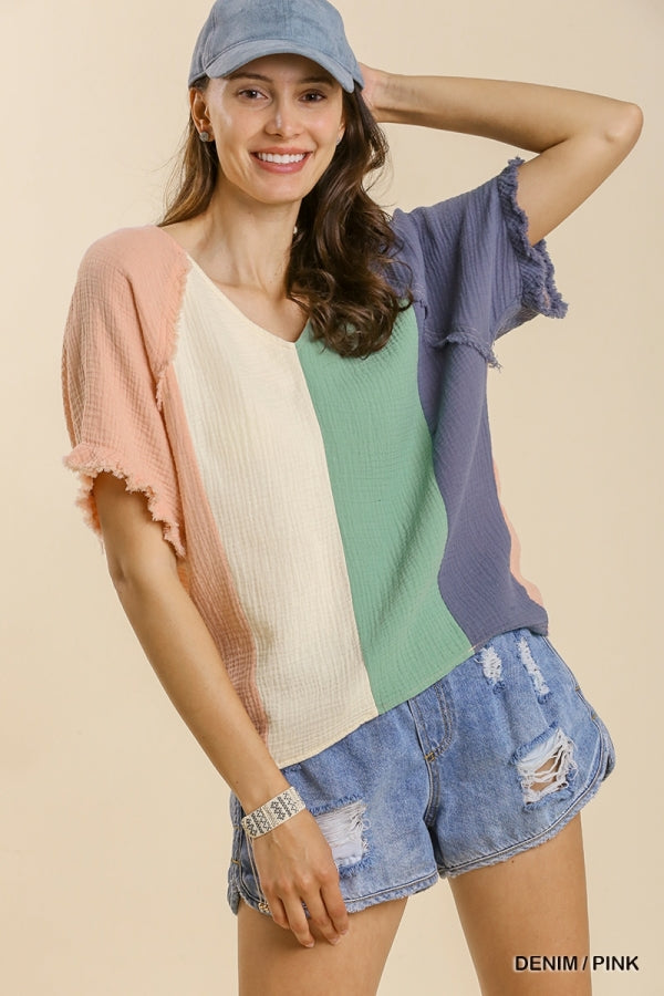 Denim Pink V-Neck Gauze Detail Top