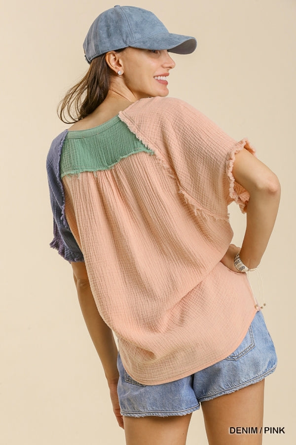 Denim Pink V-Neck Gauze Detail Top