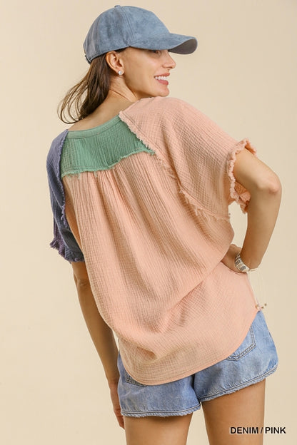 Denim Pink V-Neck Gauze Detail Top