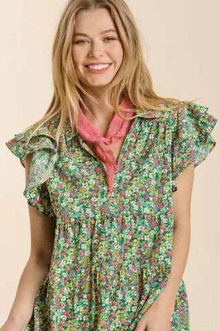 Green Mix Floral Flutter Sleeve Smock Detail Dress