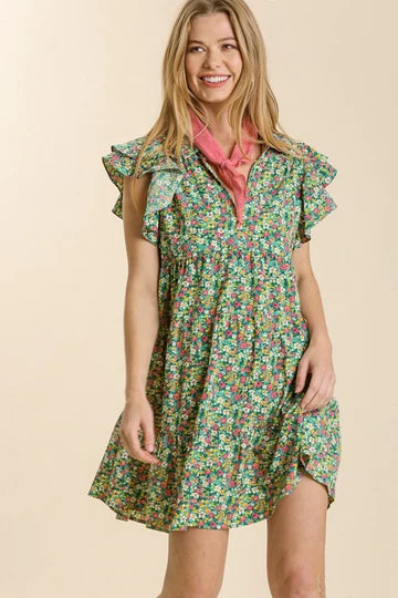 Green Mix Floral Flutter Sleeve Smock Detail Dress