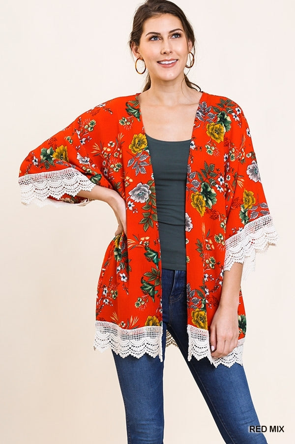 Red Floral Print Open Front Kimono w/ Lace Trim