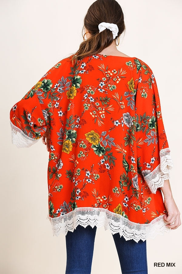 Red Floral Print Open Front Kimono w/ Lace Trim