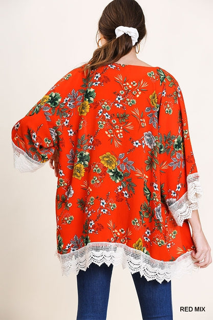 Red Floral Print Open Front Kimono w/ Lace Trim
