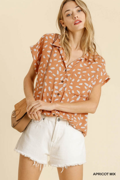 Apricot Mix V-Neck Dalmatian Front Button Top