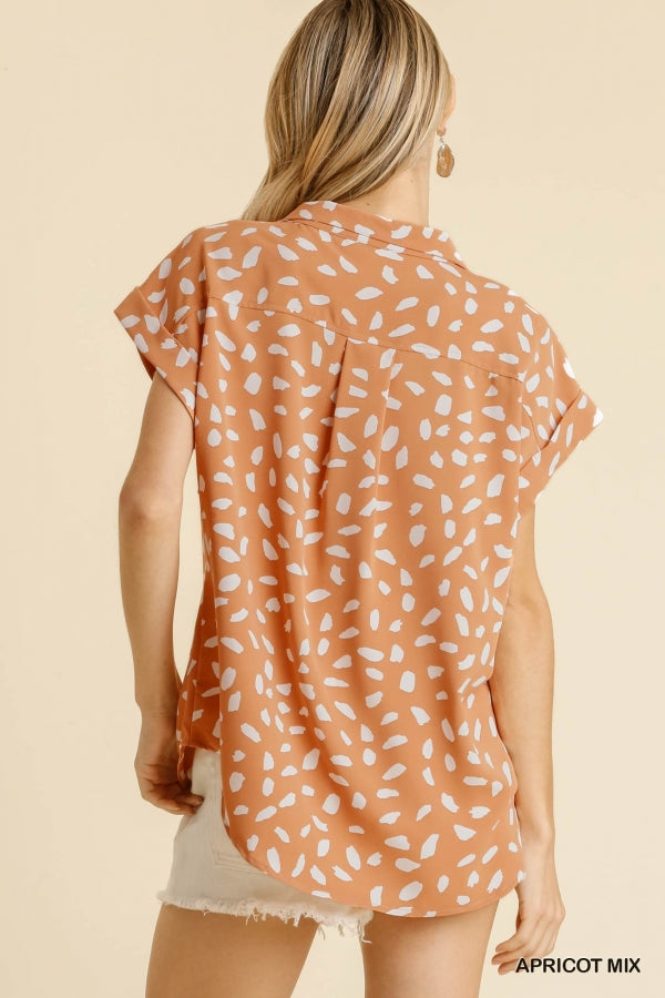 Apricot Mix V-Neck Dalmatian Front Button Top