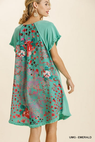 Emerald Short Sleeve Floral Animal Mixed Print Back Fringed Dress