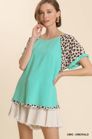 Emerald Linen Top w/ Leopard Short Sleeve