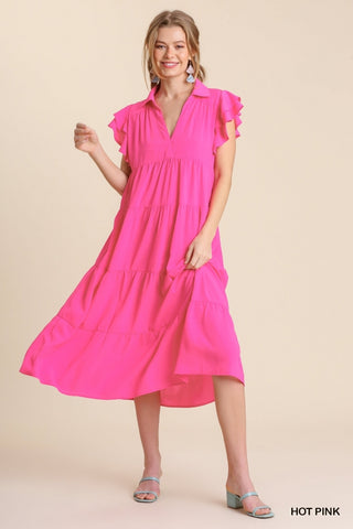 Hot Pink Collar Split Tiered Midi Dress