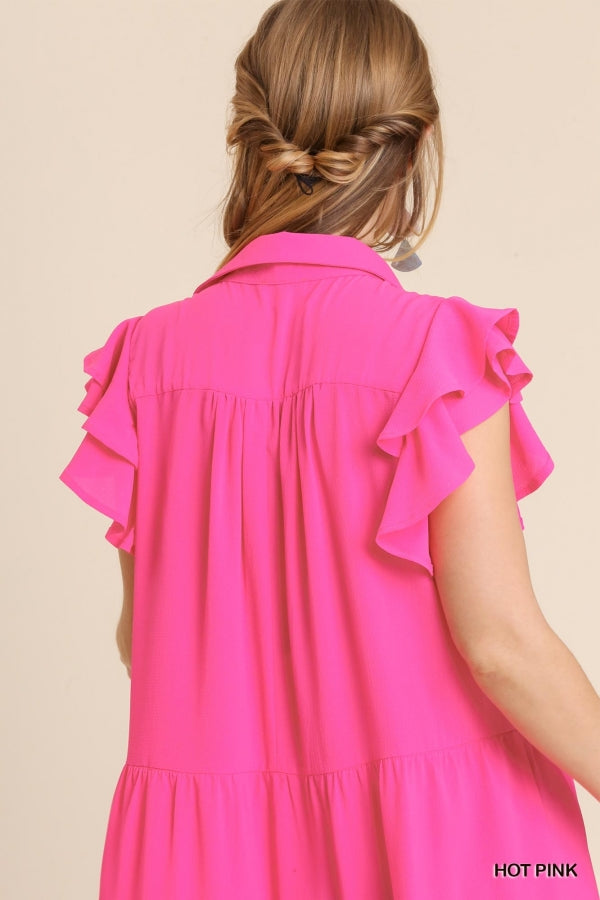 Hot Pink Collar Split Tiered Midi Dress