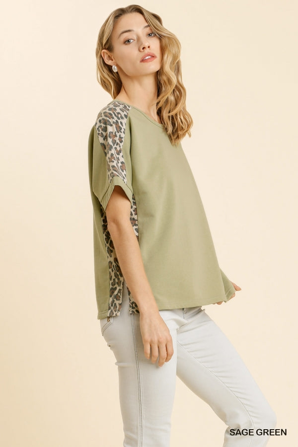 Sage Green Leopard Short Sleeve Top