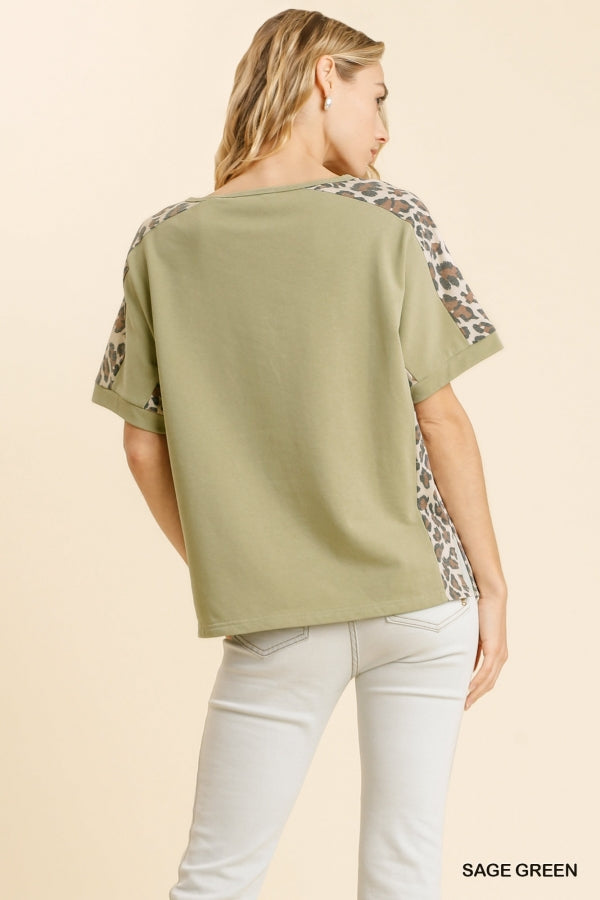 Sage Green Leopard Short Sleeve Top
