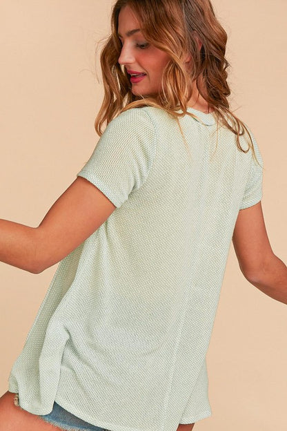 Sage Green Textured Vneck Knit Top