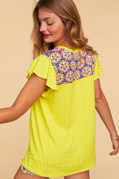 Neon Yellow Daisy Flower Yoke Rib Knit Top