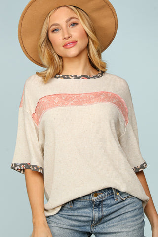 Beige Slub Rib Knit Floral & Leopard Top - Plus