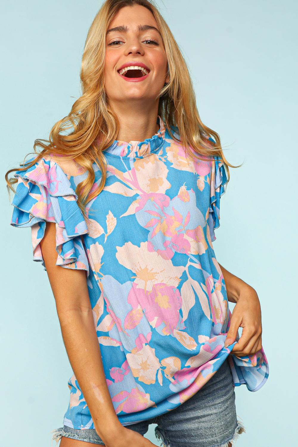 Turquoise Blue Floral Ruffle Sleeve Top - Plus