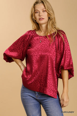 Burgundy Satin Puff Sleeve Animal Print Top