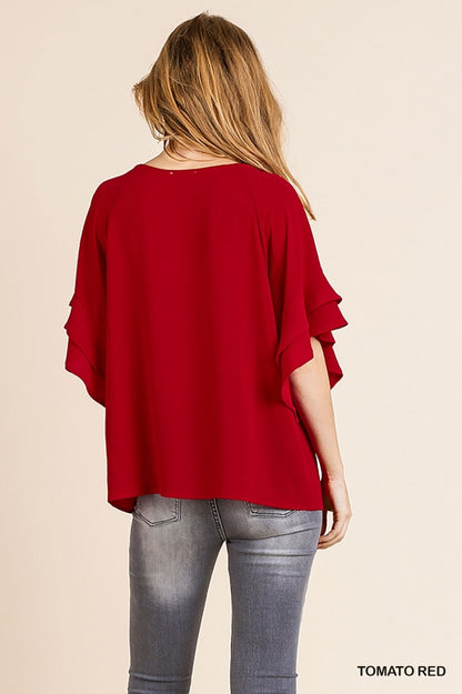 Red Layered Ruffle Sleeve Top