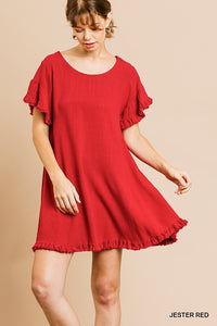 Jester Red Linen Blend Ruffle Sleeve Dress w/ Ruffle Hem