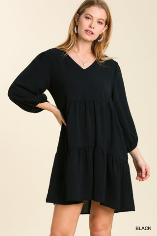 Black V-Neck Tiered Dress with 3/4 Sleeve