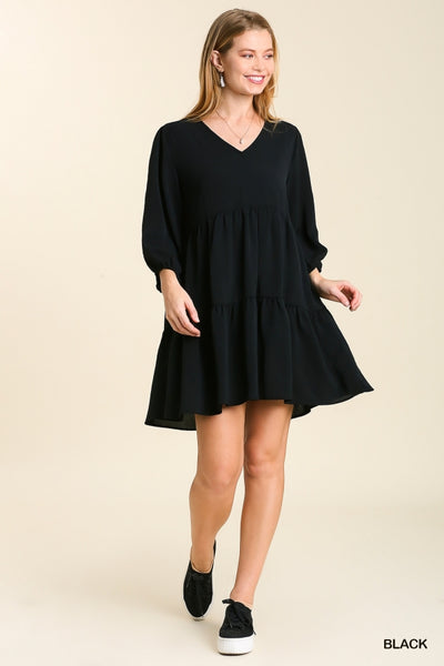 Black V-Neck Tiered Dress with 3/4 Sleeve