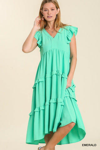 Mint Ruffle Tiered Midi Dress with Flutter Sleeves