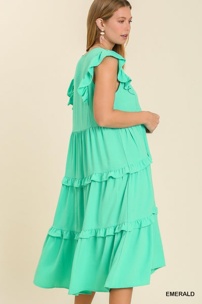 Mint Ruffle Tiered Midi Dress with Flutter Sleeves