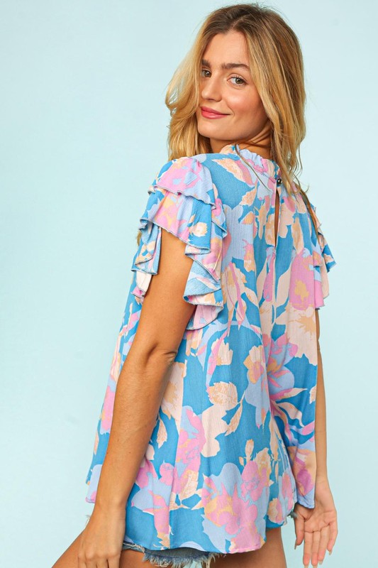 Turquoise Blue Floral Ruffle Sleeve Top - Plus