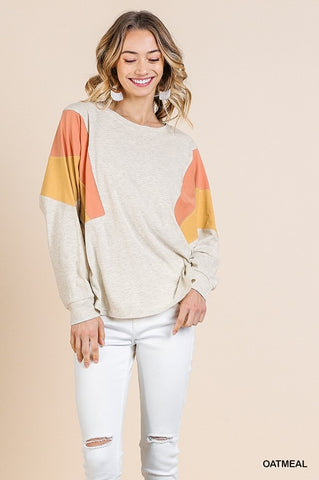 Oatmeal Long Sleeve Colorblocked Top