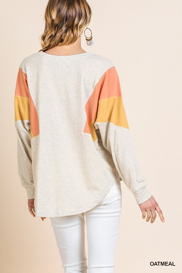 Oatmeal Long Sleeve Colorblocked Top