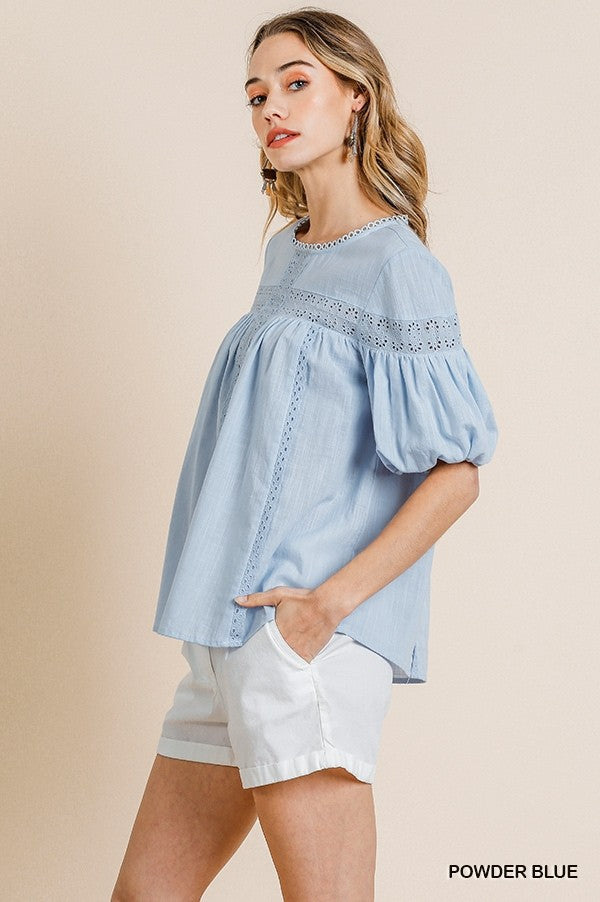 Powder Blue Short Sleeve Crochet Keyhole Top