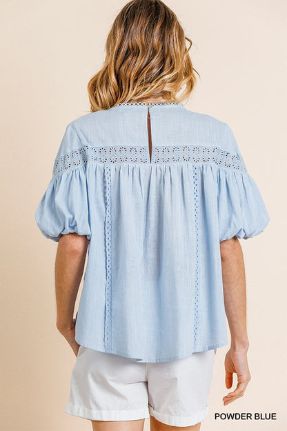 Powder Blue Short Sleeve Crochet Keyhole Top