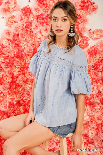 Powder Blue Short Sleeve Crochet Keyhole Top