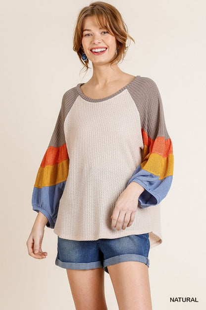 Fall Stripes Waffle Knit 3/4 Sleeve Top