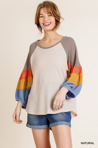 Fall Stripes Waffle Knit 3/4 Sleeve Top