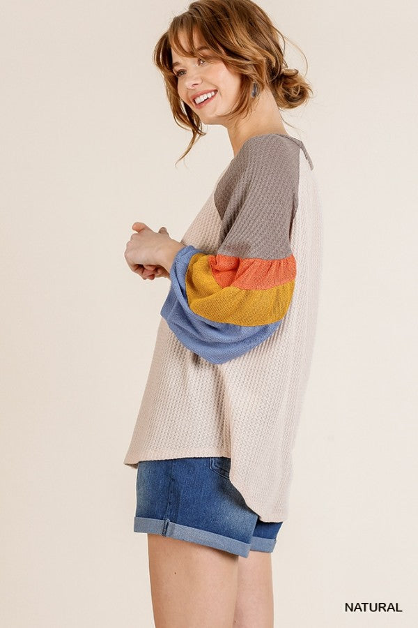 Fall Stripes Waffle Knit 3/4 Sleeve Top