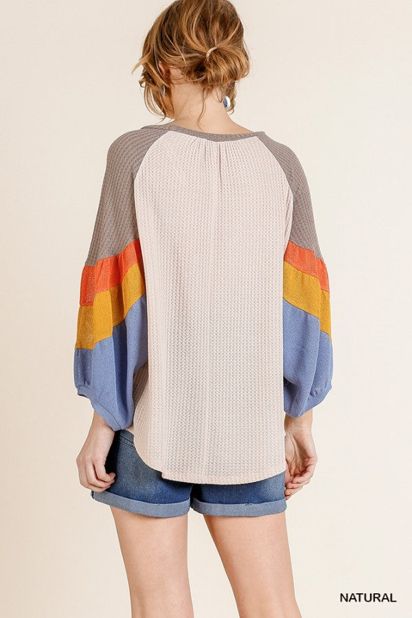 Fall Stripes Waffle Knit 3/4 Sleeve Top