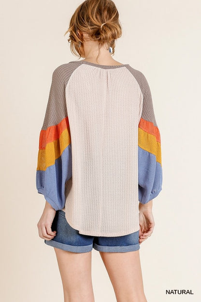 Fall Stripes Waffle Knit 3/4 Sleeve Top