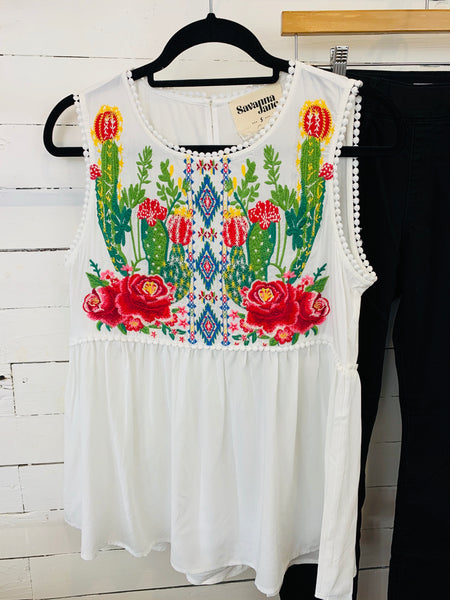 White Floral Cactus Embroidery Flowy Tank