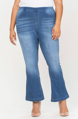 Medium Wash Denim Petite Length Flare Jeggings- Plus