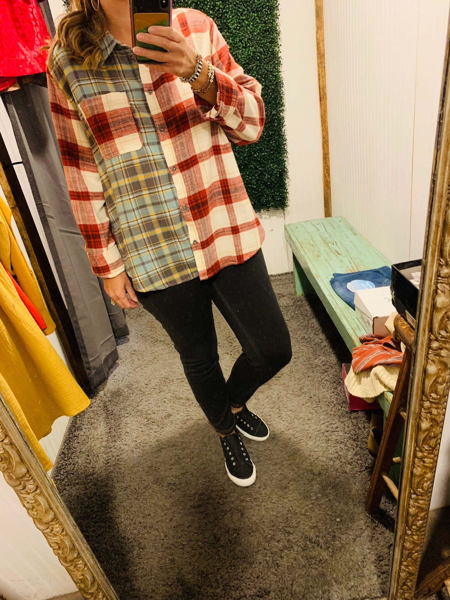 Red And Mint Plaid Color Block Button Up Flannel Top