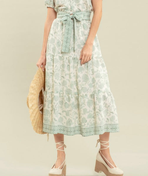 Dusty Mint Floral Midi Skirt