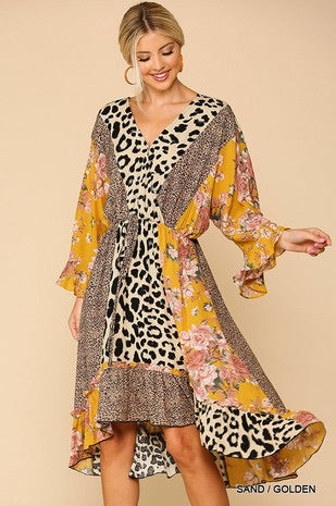 Mustard and Leopard Floral Detail Dress- Plus