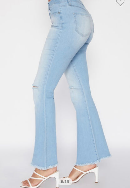 Light Wash Denim Flare Fray Hem Knee Slit Jeans