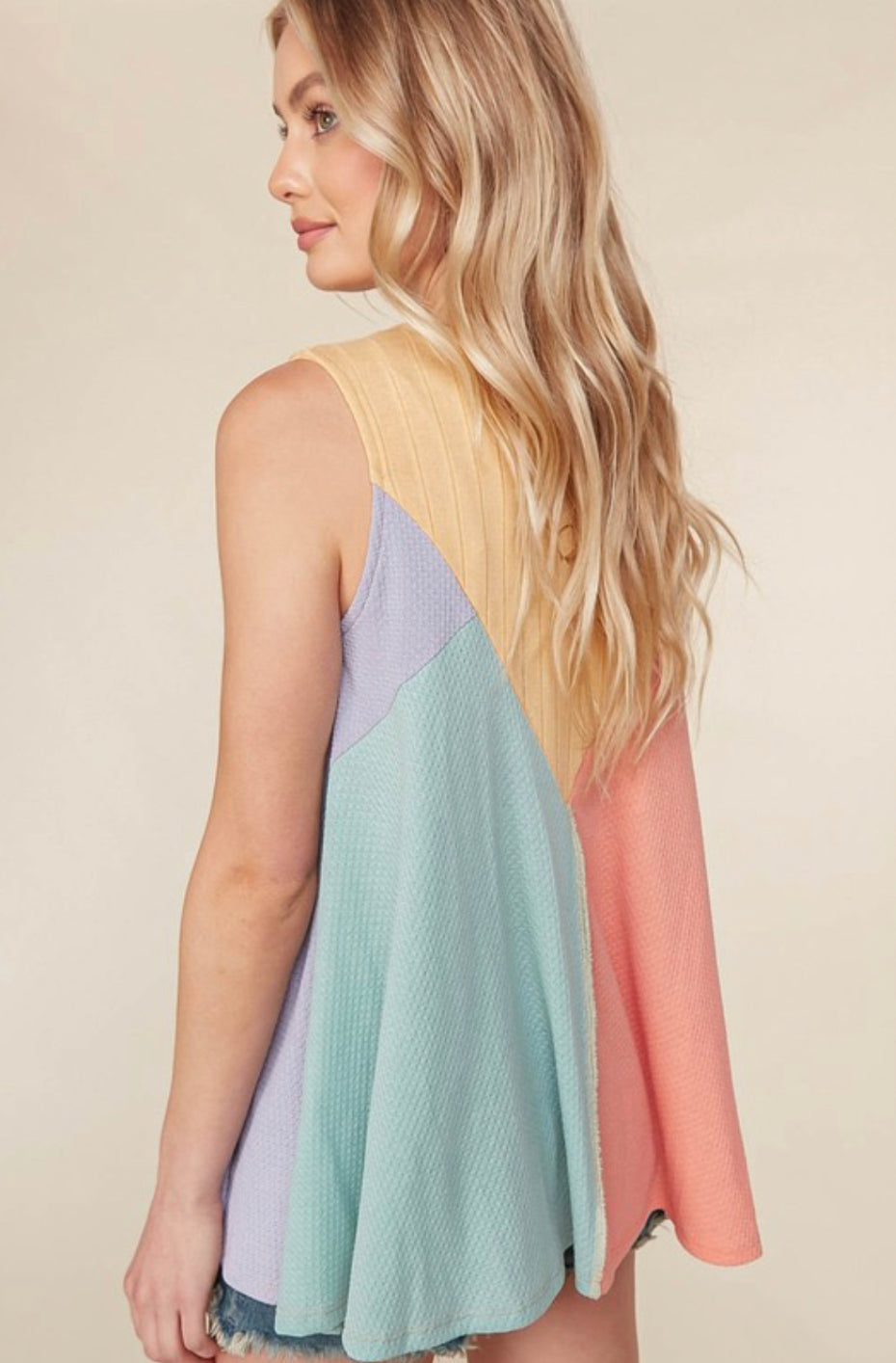 Multi Color Block Waffle Knit Sleeveless Top
