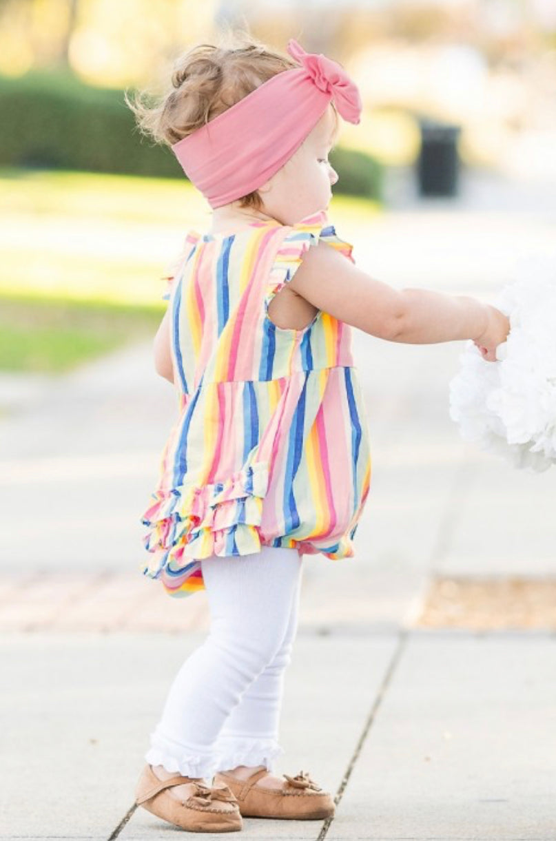 Playful Stripe Ruffle Placket Bubble Romper- Kids