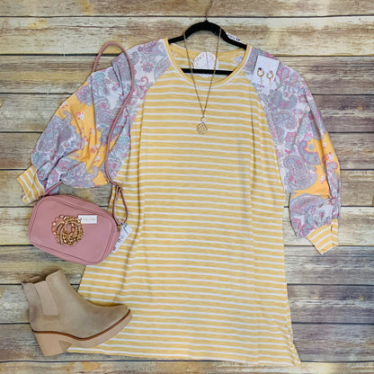 Yellow Stripe Paisley 3/4 Sleeve Dress- Plus
