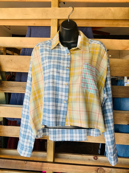 Blue & Mustard Multi Plaid Color-block Cropped Flannel