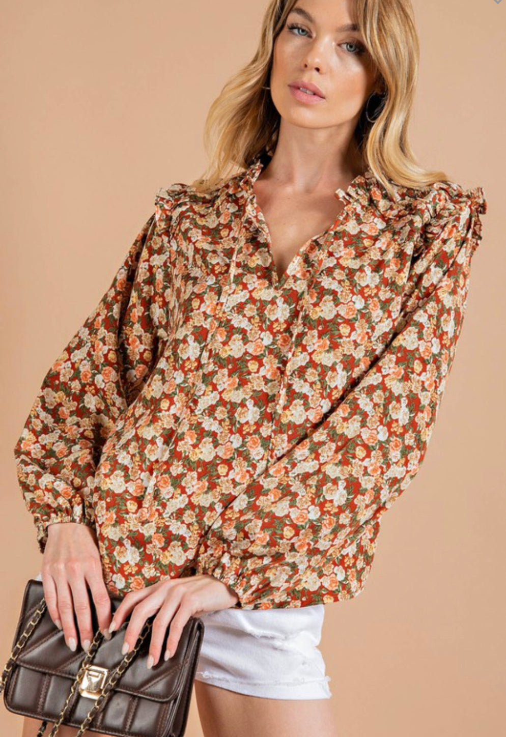 Rust-Mix Floral Long Sleeve Tie Neck Blouse